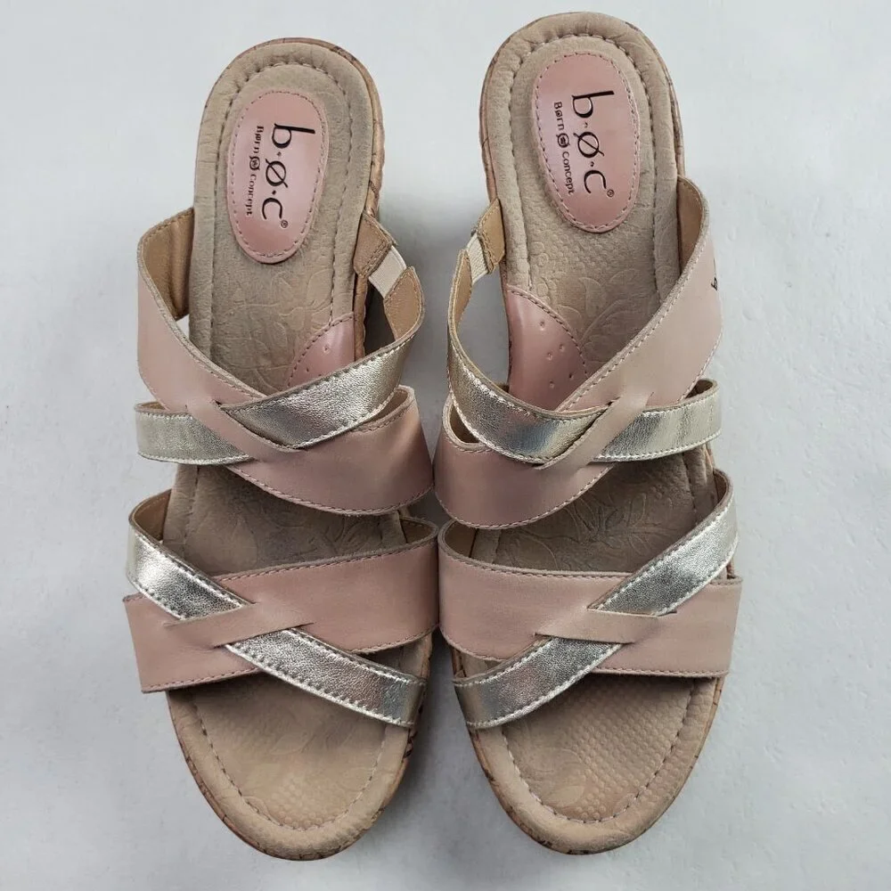 Born BOC Cork Wedge Sandal Womens 9 Brown Leather Open Toe Strappy Slip On
